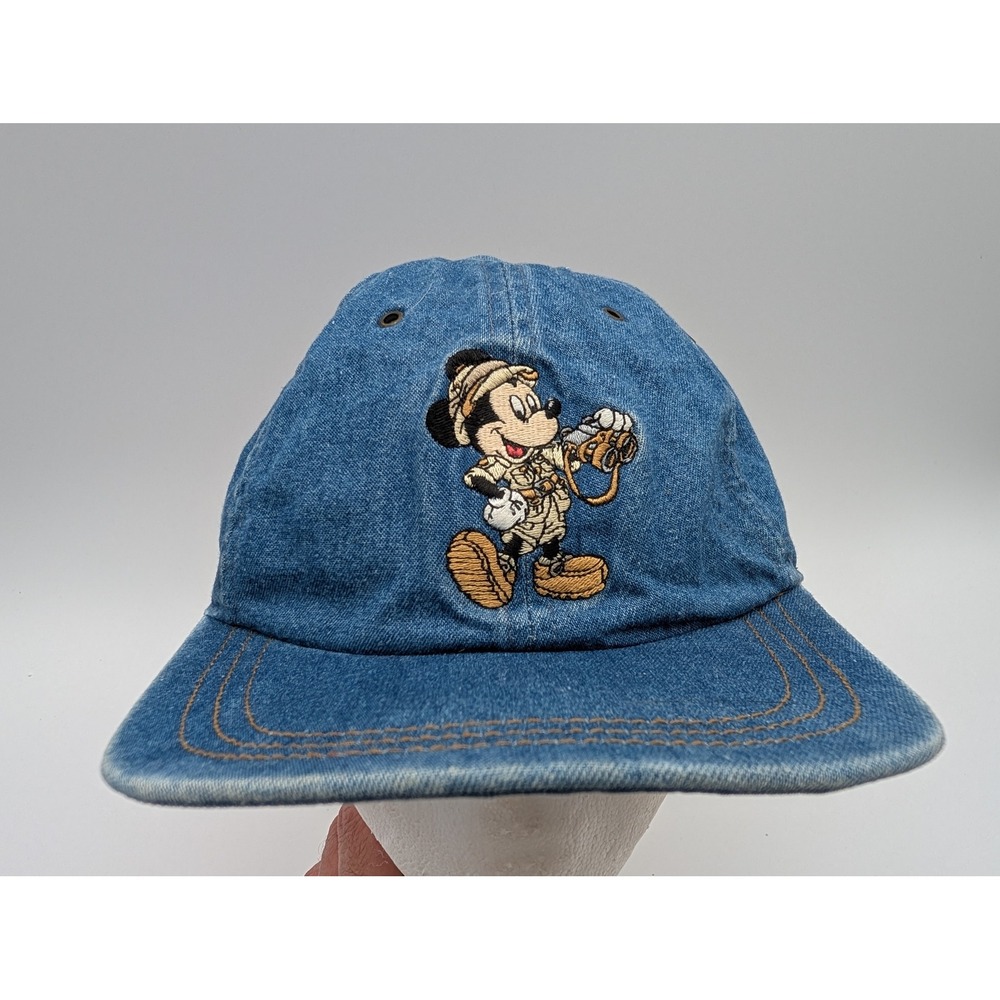 Vintage Disney Animal Kingdom Safari Mickey Mouse Denim Baseball Cap Hat Blue